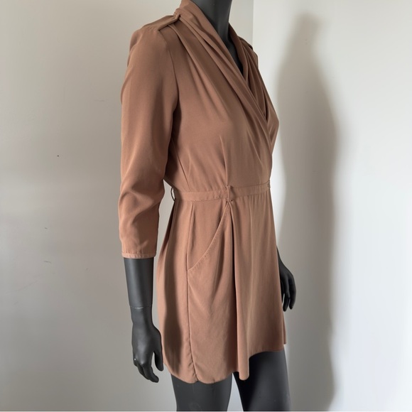 Wilfred Tan Wrap Dress | Long Sleeve Draped Mini Dress Size 4 | Aritzia Classic - Picture 10 of 11